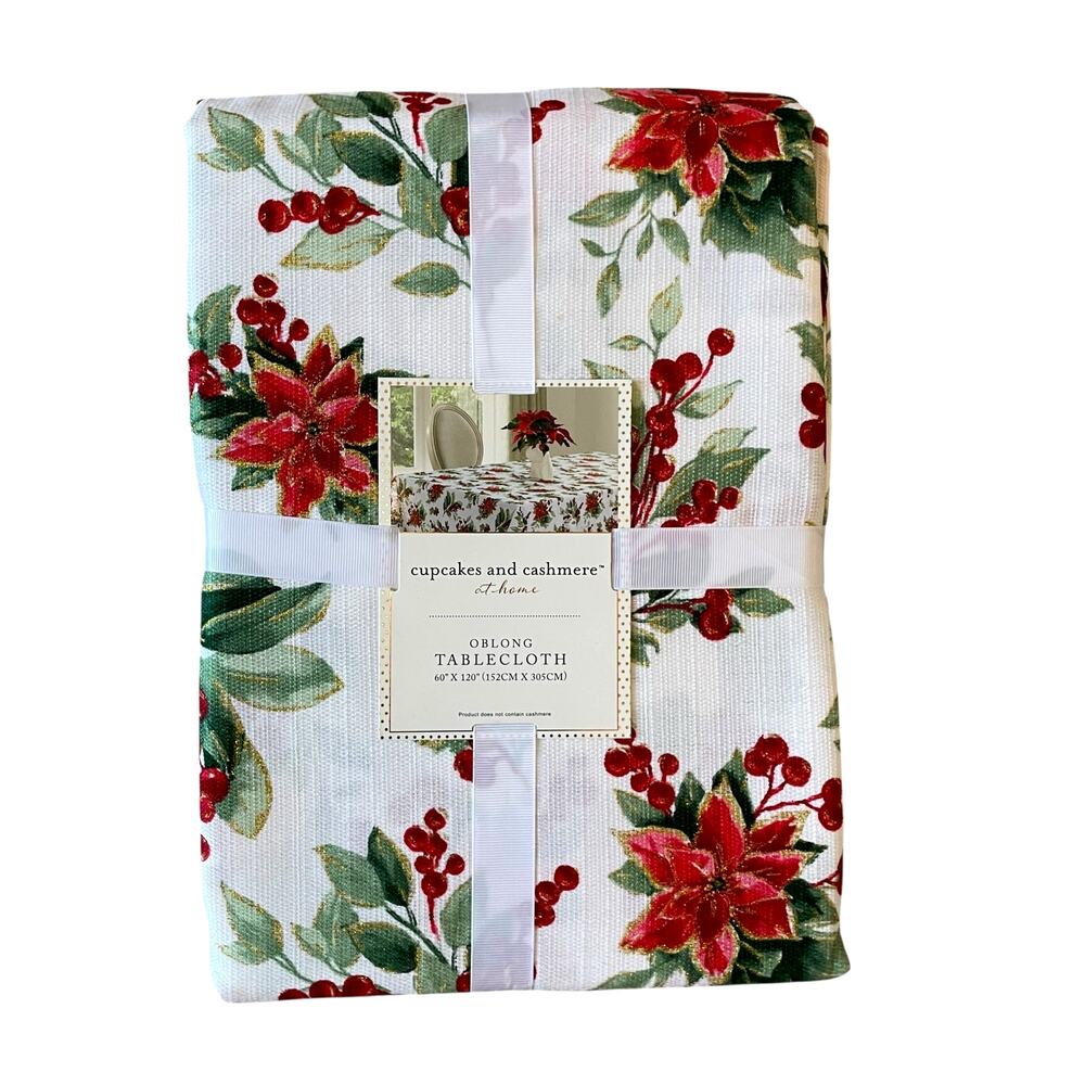 Cupcakes & Cashmere POINSETTIA Christmas Tablecloth 60x120 Oblong New